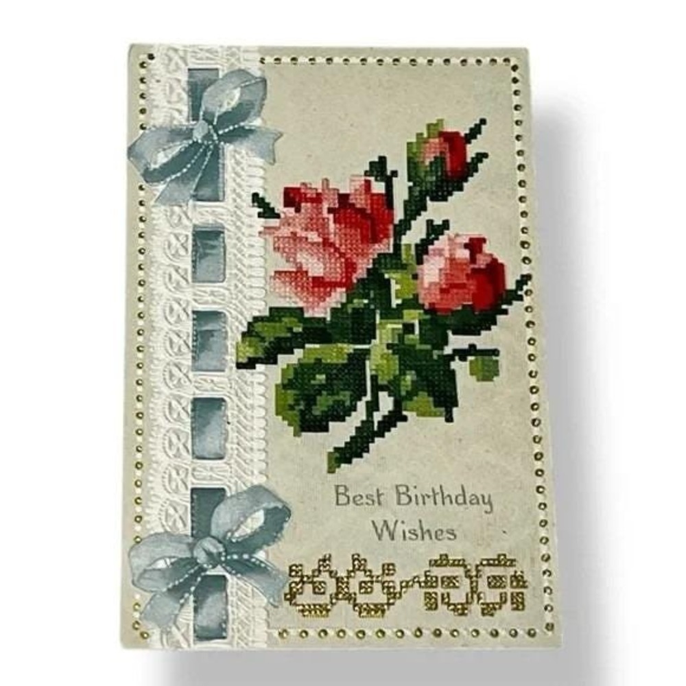 Postcard Best Birthday Wishes Cross Stitch Embossed Divided Back Card C467